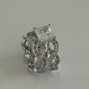 Sterling Silver CZ Siamond Solitaire Wide Band Wave Ring